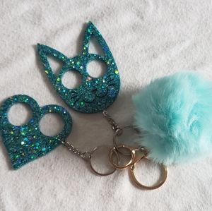 Safety Cat & Heart Keychain W/ Matching Pom Pom